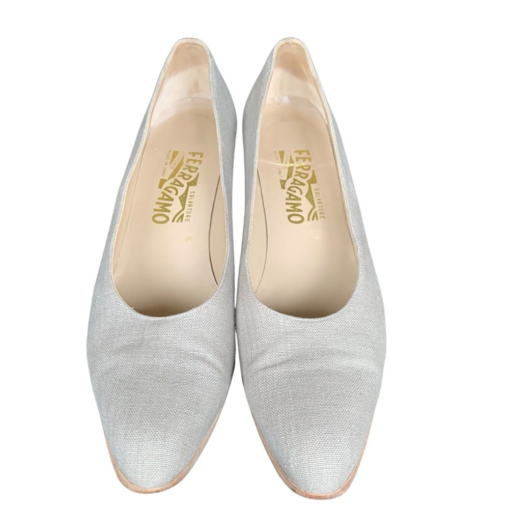 FERRAGAMO Neutral Fabric Classic Low Heel Almond Toe Pumps Size 9.5 AAAA
